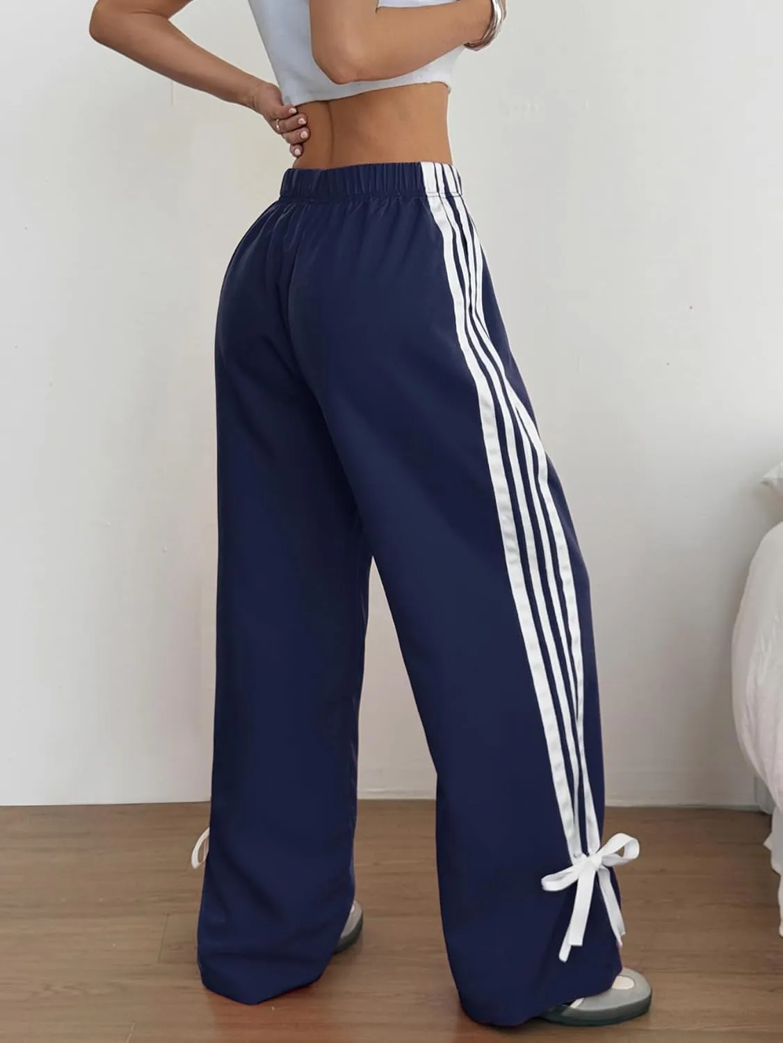 ZAFUL Womens Side Striped Pant Baggy Wide Leg Sweatpants Elastic Waisted Contrast Stripes Loose Fit Trousers