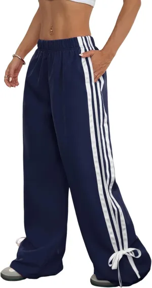 ZAFUL Womens Side Striped Pant Baggy Wide Leg Sweatpants Elastic Waisted Contrast Stripes Loose Fit Trousers