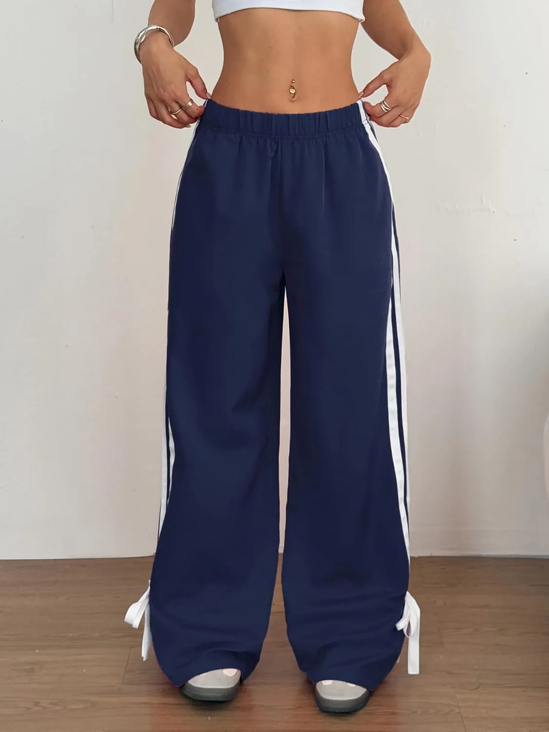 ZAFUL Womens Side Striped Pant Baggy Wide Leg Sweatpants Elastic Waisted Contrast Stripes Loose Fit Trousers