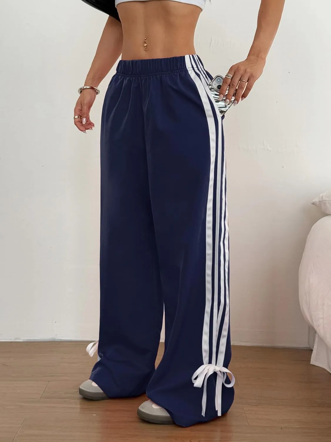 ZAFUL Womens Side Striped Pant Baggy Wide Leg Sweatpants Elastic Waisted Contrast Stripes Loose Fit Trousers