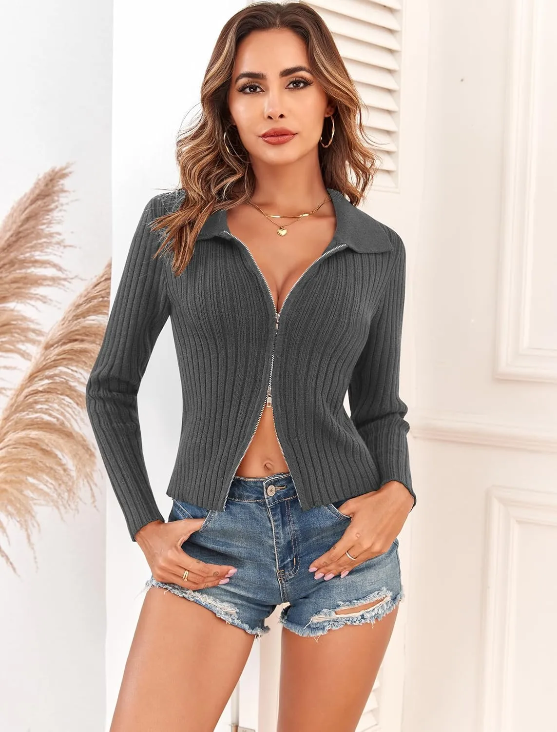 ZAFUL Women's Zip Up Sweater Long Sleeve Polo V Neck Ribbed Knit Slim Cropped Sweater Pullover Jumper Tops