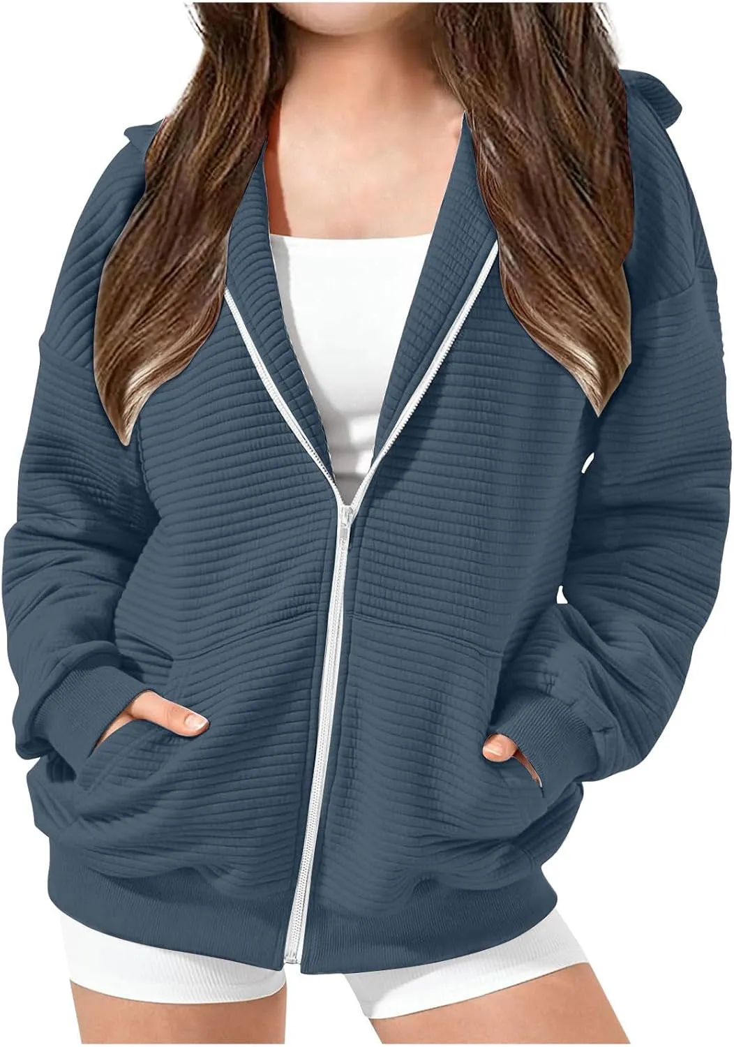 ZDRZK Girls Oversized Sweatshirt Long Sleeve Full Zip Casual Hooded Sweatshirts Fashion Teen Girl Y2K Jacket with Pockets