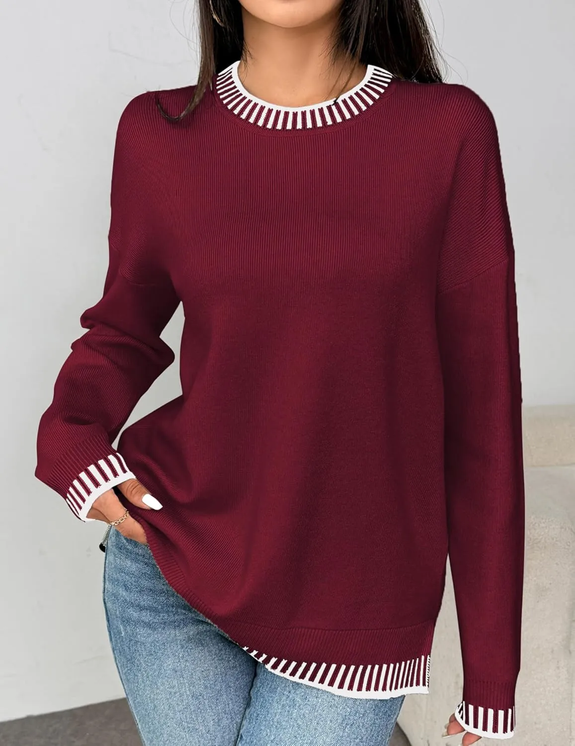Zeagoo Womens Crewneck Pullover Sweater Long Sleeve Knit Side Slit 2024 Fall Winter Sweater Tops