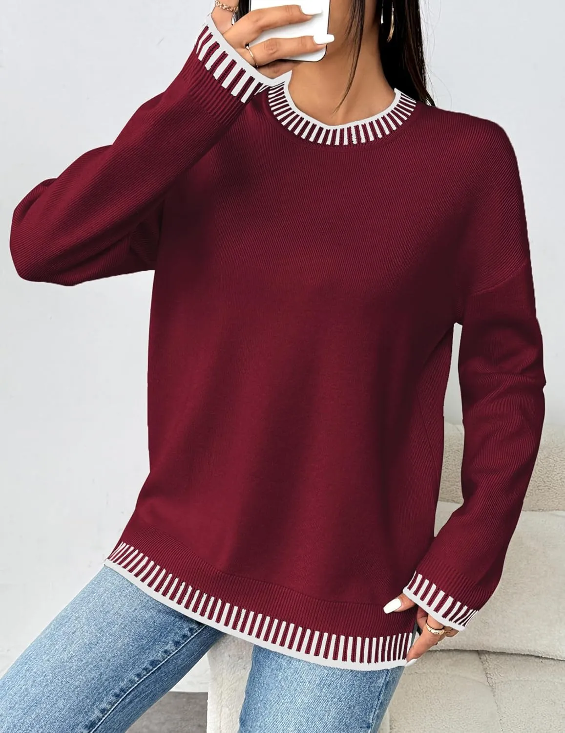 Zeagoo Womens Crewneck Pullover Sweater Long Sleeve Knit Side Slit 2024 Fall Winter Sweater Tops