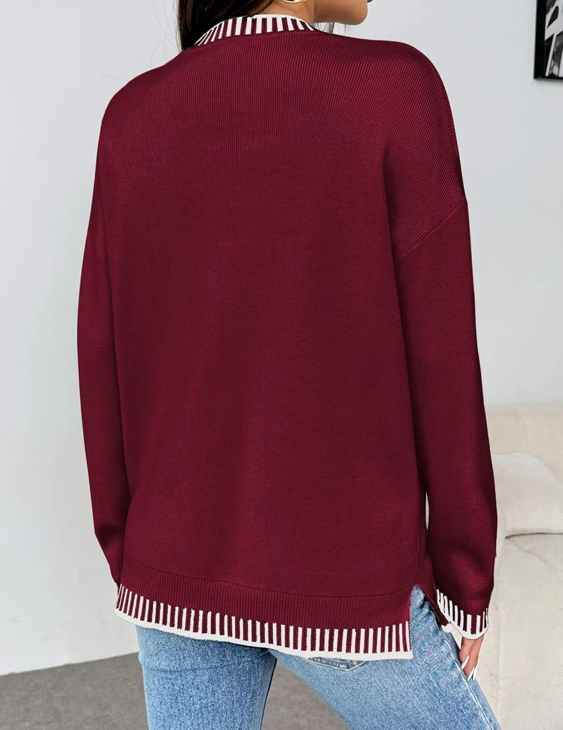 Zeagoo Womens Crewneck Pullover Sweater Long Sleeve Knit Side Slit 2024 Fall Winter Sweater Tops