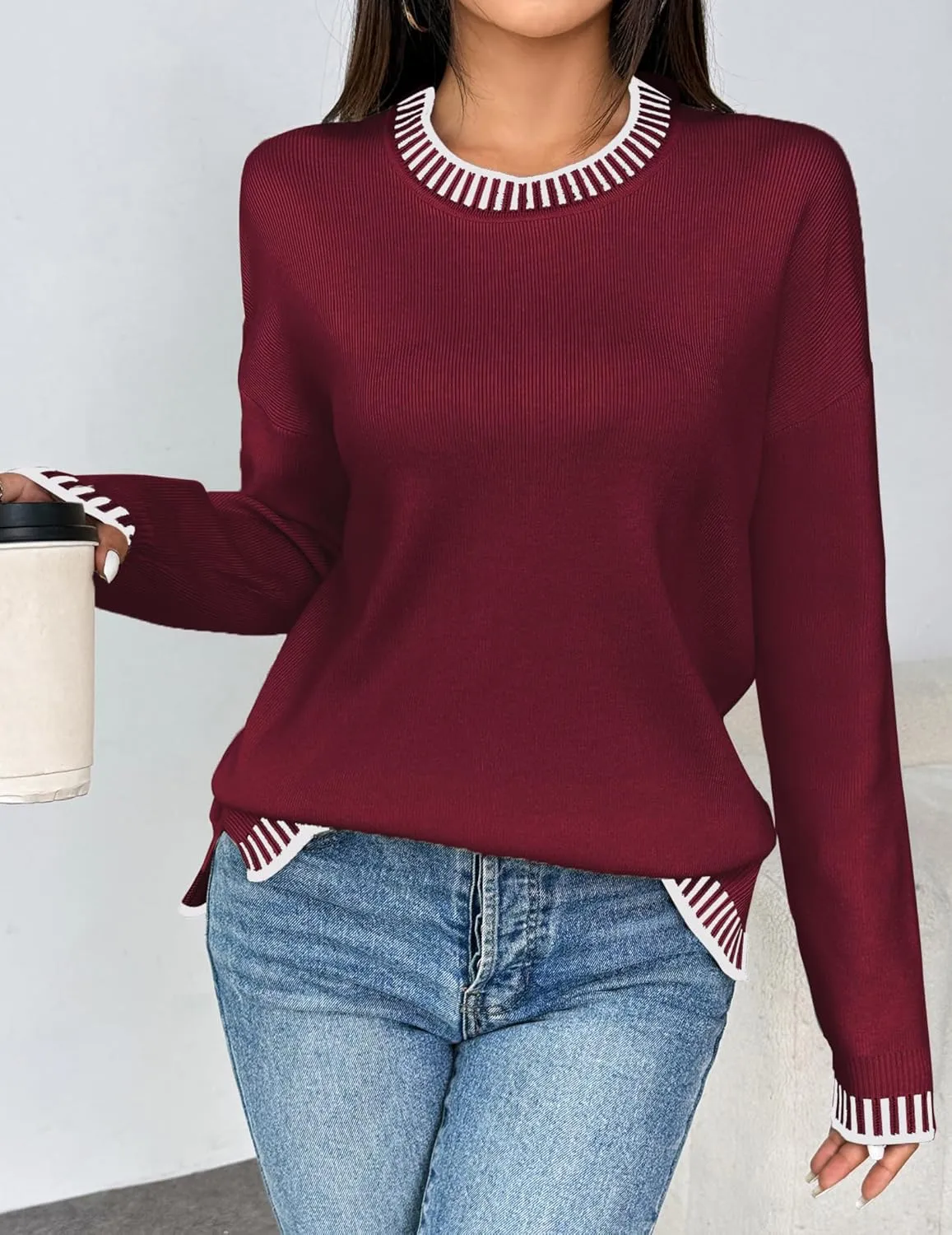 Zeagoo Womens Crewneck Pullover Sweater Long Sleeve Knit Side Slit 2024 Fall Winter Sweater Tops