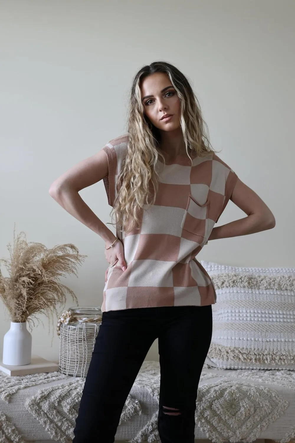 Zeagoo Womens Sweater Vest Fall 2025 Loose Fit Cape Sleeve Knit Ribbed Tank Tops with Front Pocket S-XXL