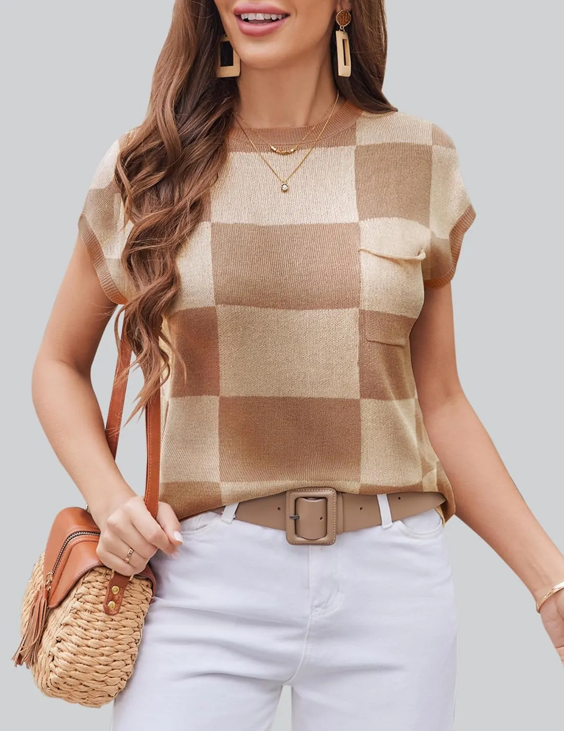 Zeagoo Womens Sweater Vest Fall 2025 Loose Fit Cape Sleeve Knit Ribbed Tank Tops with Front Pocket S-XXL