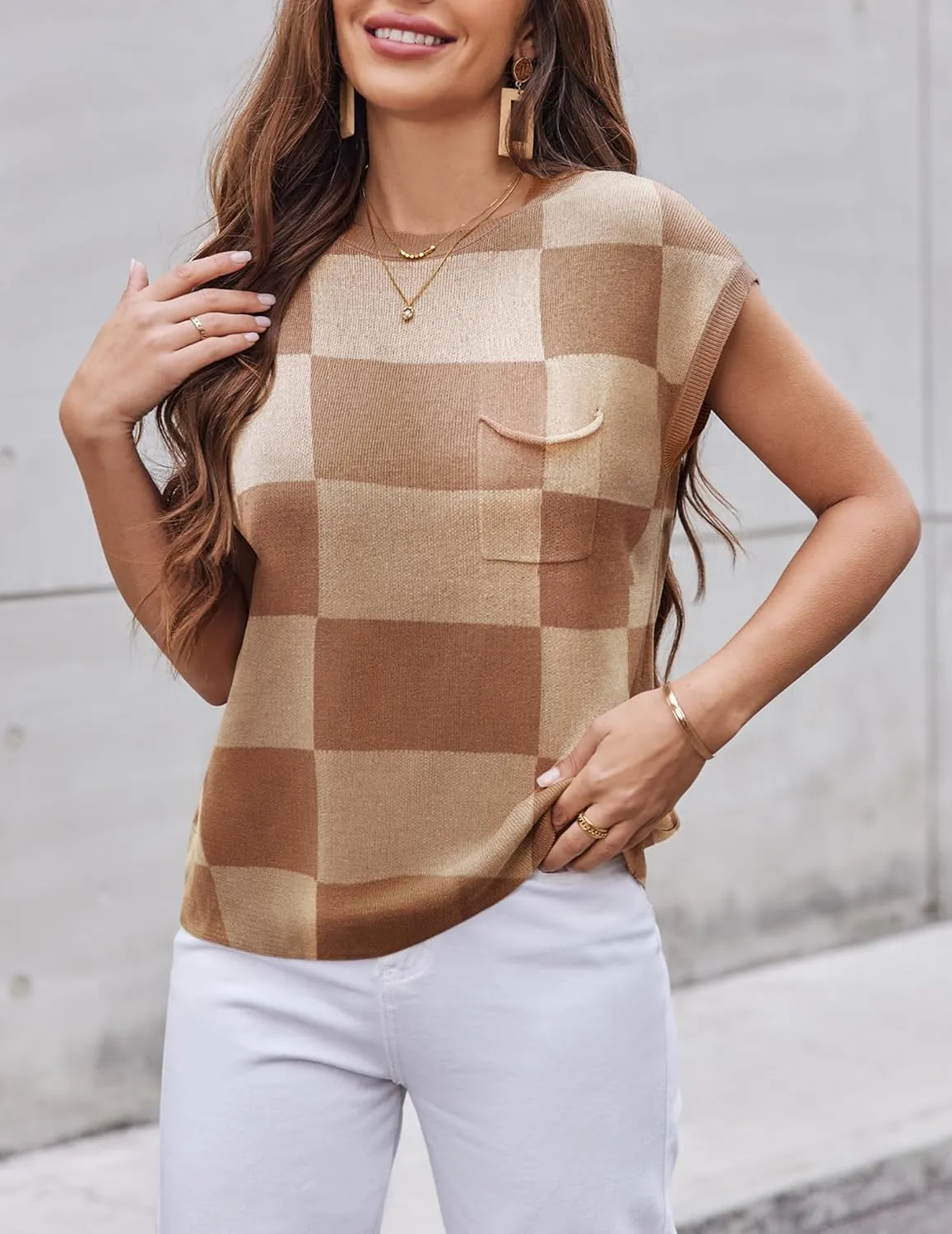 Zeagoo Womens Sweater Vest Fall 2025 Loose Fit Cape Sleeve Knit Ribbed Tank Tops with Front Pocket S-XXL