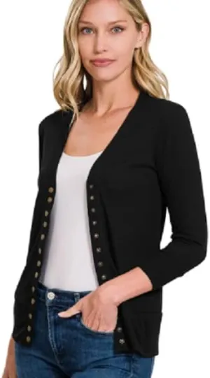 Zenana SNAP Button Sweater Cardigan 3/4 Sleeve Black-M
