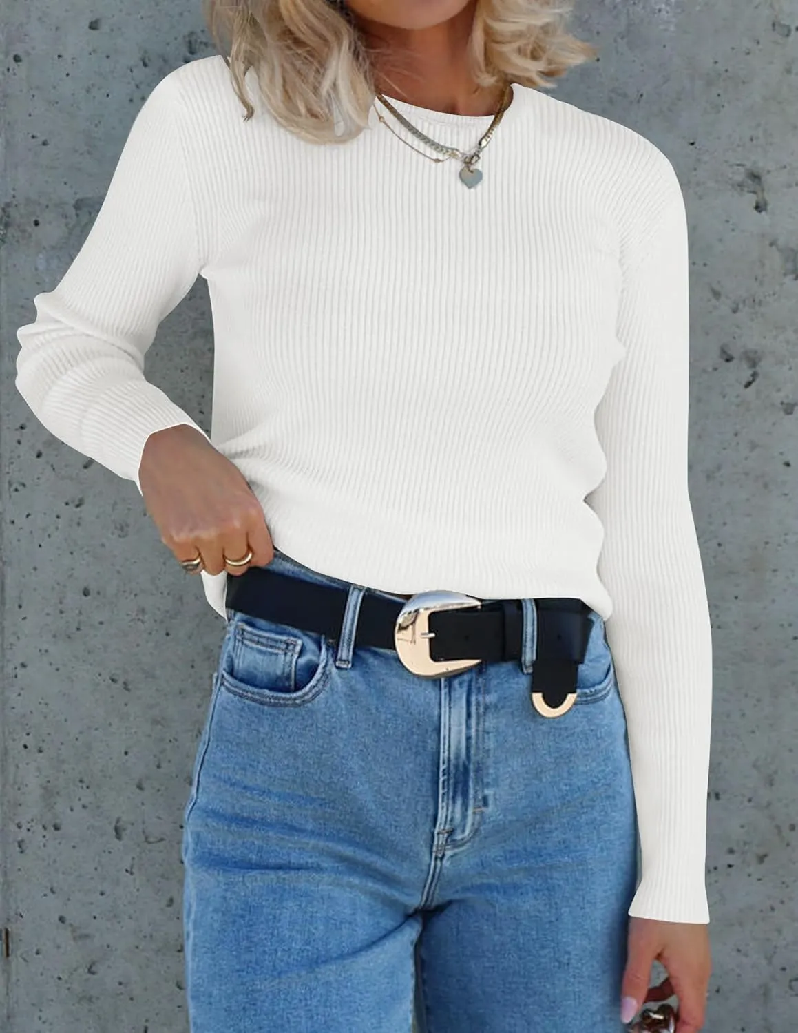 ZESICA Women's Long Sleeve Crewneck Shirts Spring Knit Sweater Slim Fitted Casual Basic Tee Tops
