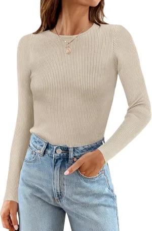 ZESICA Women's Long Sleeve Crewneck Shirts Spring Knit Sweater Slim Fitted Casual Basic Tee Tops
