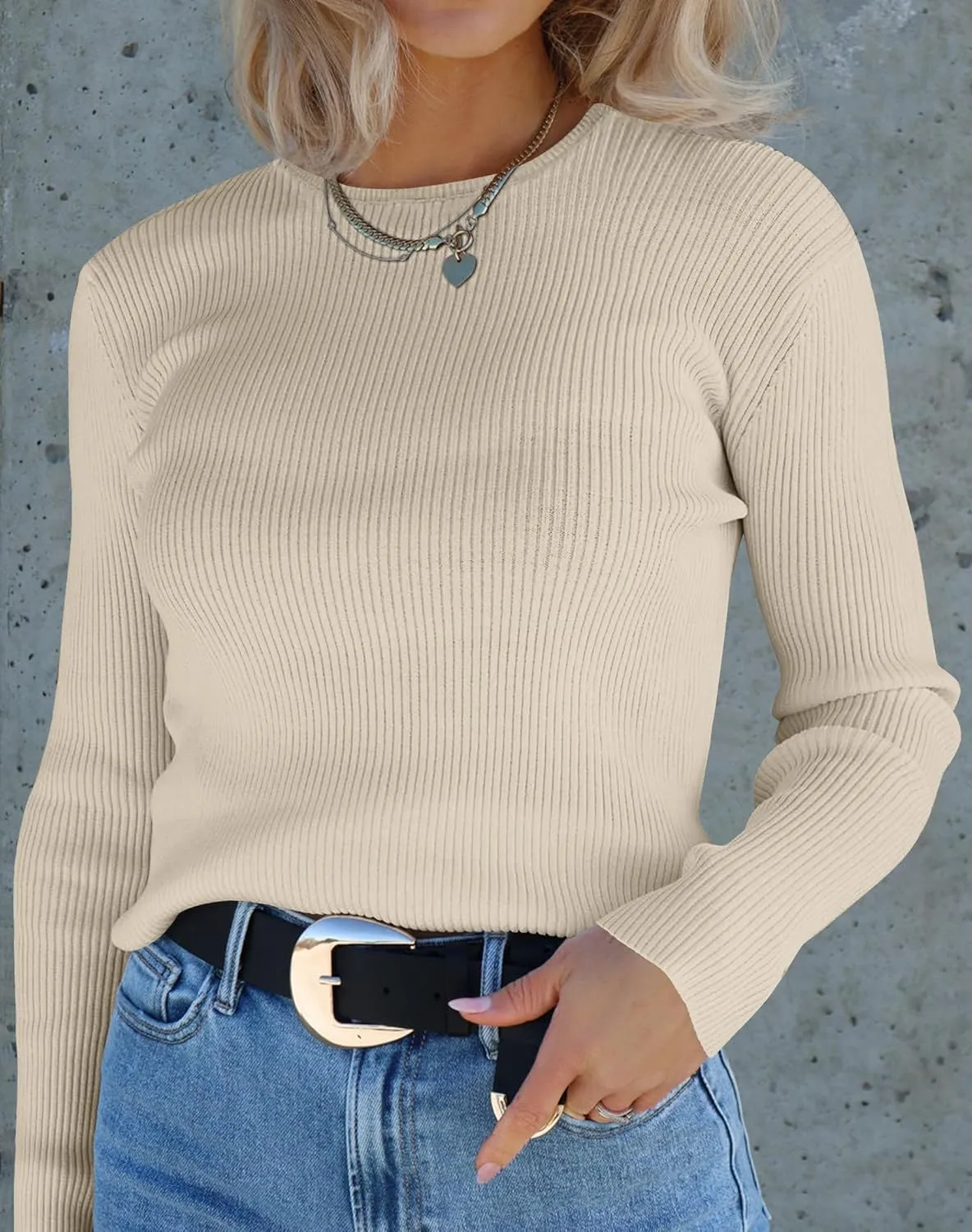ZESICA Women's Long Sleeve Crewneck Shirts Spring Knit Sweater Slim Fitted Casual Basic Tee Tops