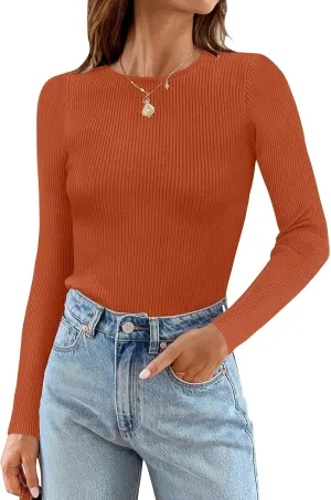 ZESICA Women's Long Sleeve Crewneck Shirts Spring Knit Sweater Slim Fitted Casual Basic Tee Tops