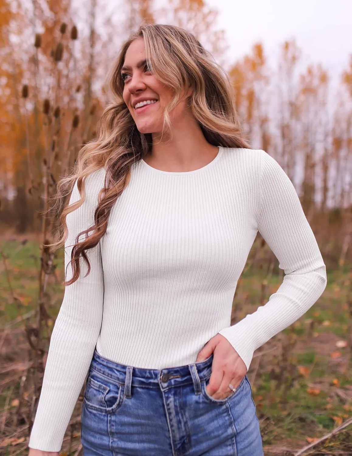 ZESICA Women's Long Sleeve Crewneck Shirts Spring Knit Sweater Slim Fitted Casual Basic Tee Tops