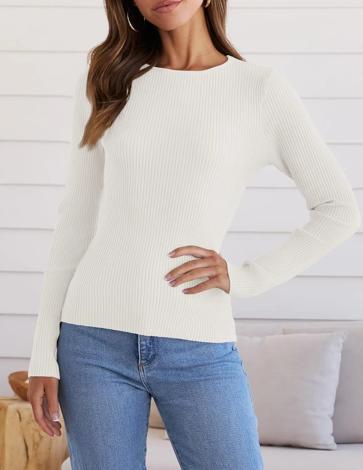 ZESICA Women's Long Sleeve Crewneck Shirts Spring Knit Sweater Slim Fitted Casual Basic Tee Tops