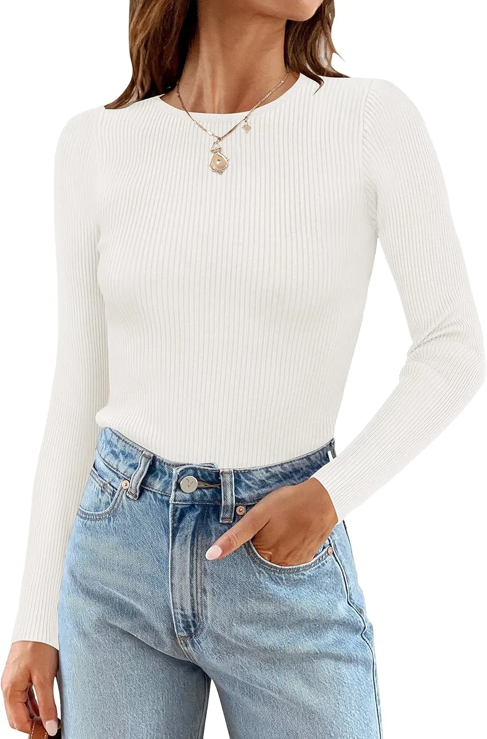 ZESICA Women's Long Sleeve Crewneck Shirts Spring Knit Sweater Slim Fitted Casual Basic Tee Tops