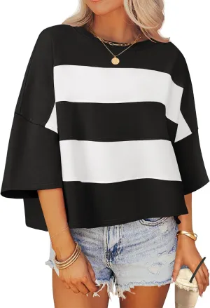 ZESICA Women's Summer 2025 3/4 Sleeve Casual Tee Tops Crewneck Drop Shoulder Color Block Oversized T-Shirts