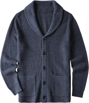 ZHILI Men's Shawl Collar Cardigan Sweater Slim Fit Cable Knit Button up Black Merino Wool Sweater