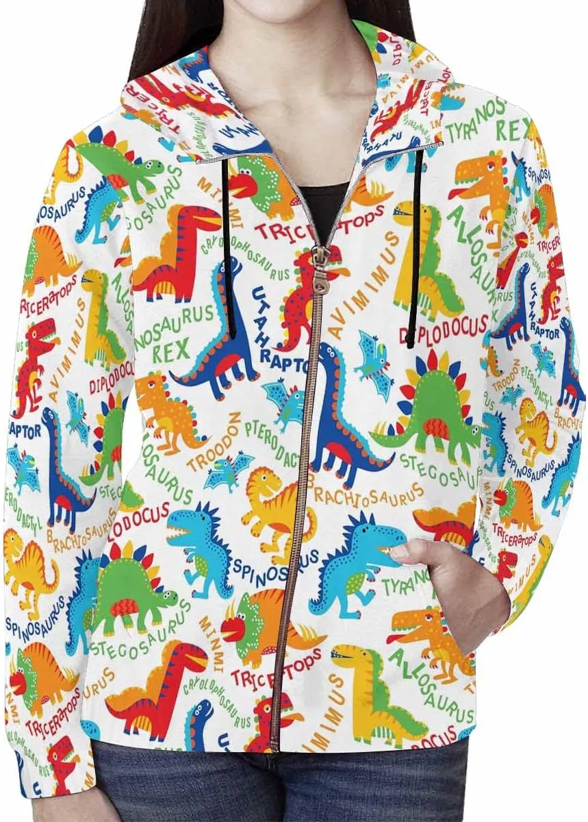 Zip Up Hoodie Women Cute Cartoon Dinosaurs Womens Drawstring Hoodies Long Sleeve Oversized Sweatshirts Jacket