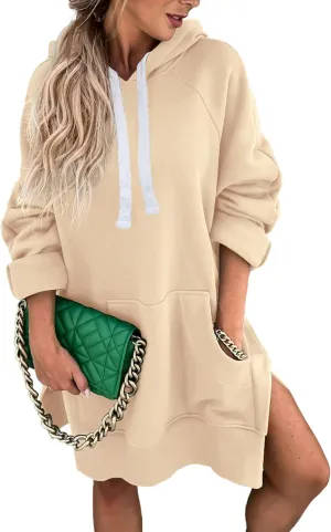 ZOCANIA Women Hoodie Dress Long Sleeve Split Slit Long Sweatshirt Drawstring Fleece Hooded Pullover with Kangaroo Pocket