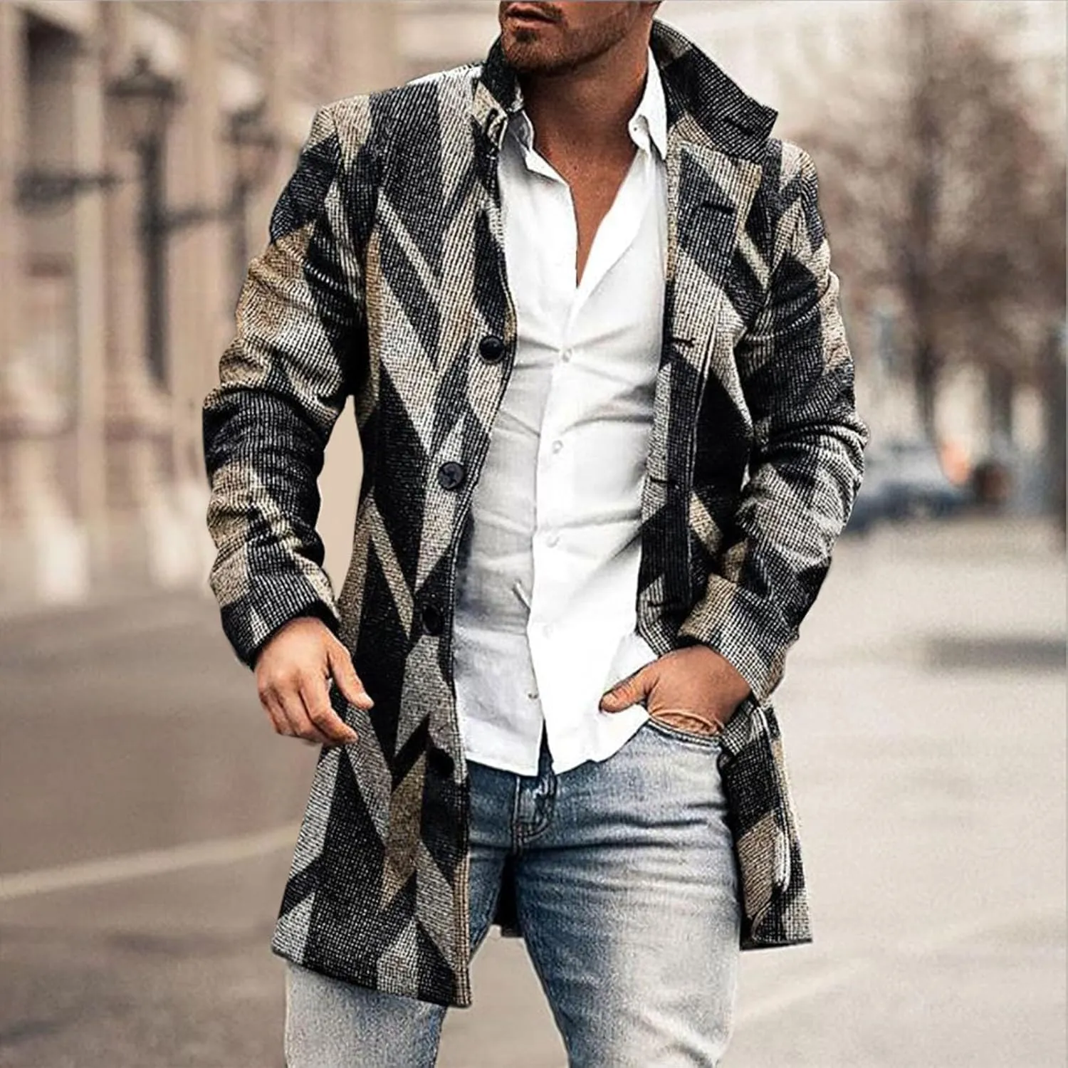 ZYXTIM Men's Floral Pattern Printed Trench Coat Double Breasted Notched Collar Long Jakcets Fashion Casual Business Overcoat