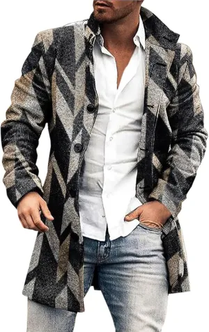 ZYXTIM Men's Floral Pattern Printed Trench Coat Double Breasted Notched Collar Long Jakcets Fashion Casual Business Overcoat